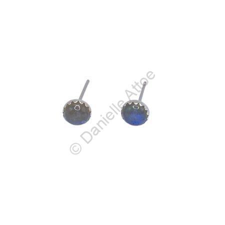 Sterling silver post earrings with round grey stones with blue flash.