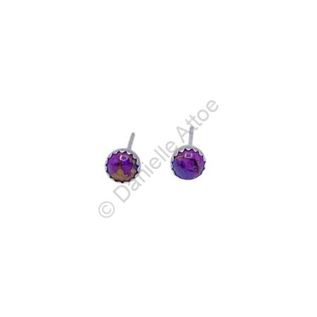 Sterling silver post earrings with round, purple stones.